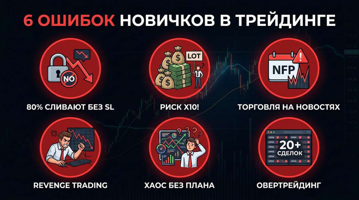 Инфографика 6 типичных ошибок начинающих трейдеров с иконками и статистикой