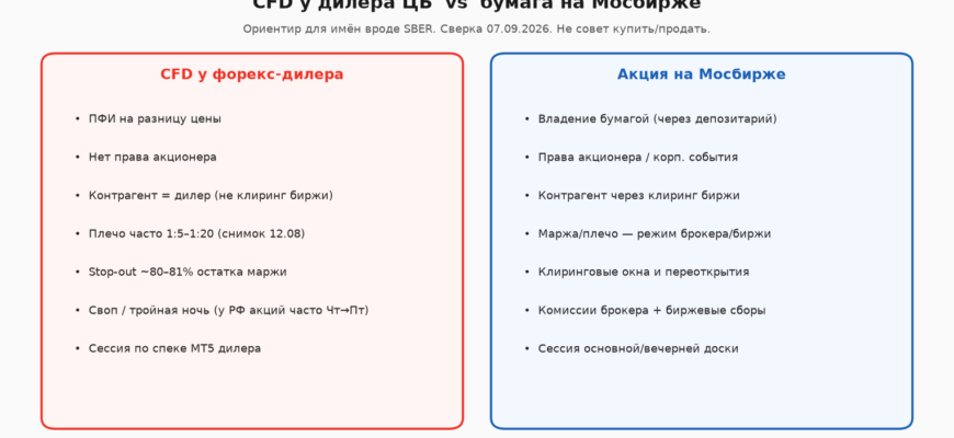 Сравнение CFD у дилера ЦБ и акции на Мосбирже, сверка 07.09.2026