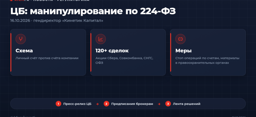 Банк России выявил манипулирование рынком гендиректором Кинетик Капитал 16 октября 2026