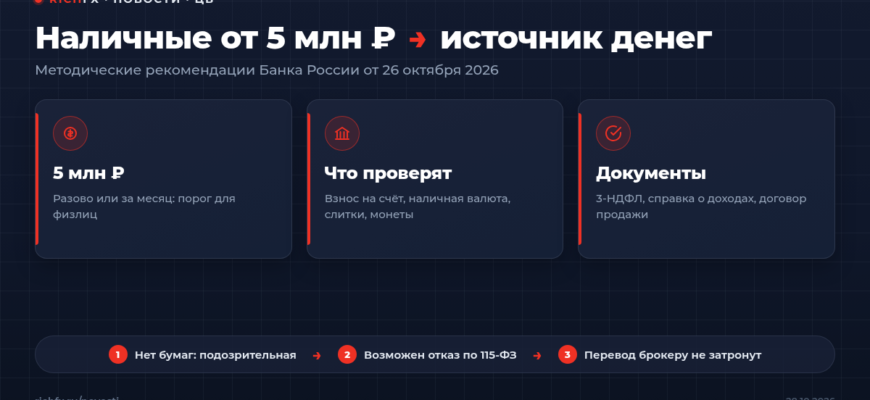 Рекомендации Банка России от 26 октября 2026: проверка источника наличных от 5 млн рублей