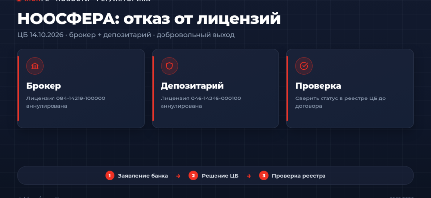 ЦБ аннулировал брокерскую и депозитарную лицензии АКБ НООСФЕРА 14 октября 2026
