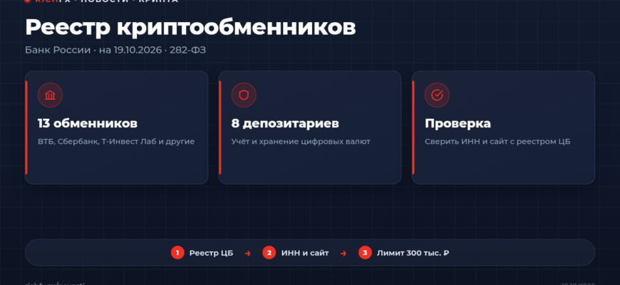 Реестр криптообменников и цифровых депозитариев Банка России на 19 октября 2026