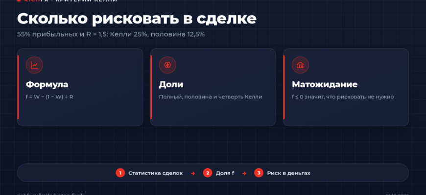 Критерий Келли: 55% прибыльных сделок и R 1,5 дают долю 25%