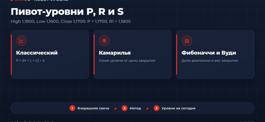 Пивот-уровни по High 1,1800, Low 1,1600 и Close 1,1700: P 1,1700 и R1 1,1800