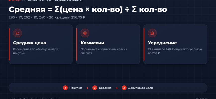 Калькулятор средней цены: три покупки акций и средняя 256,75 рубля